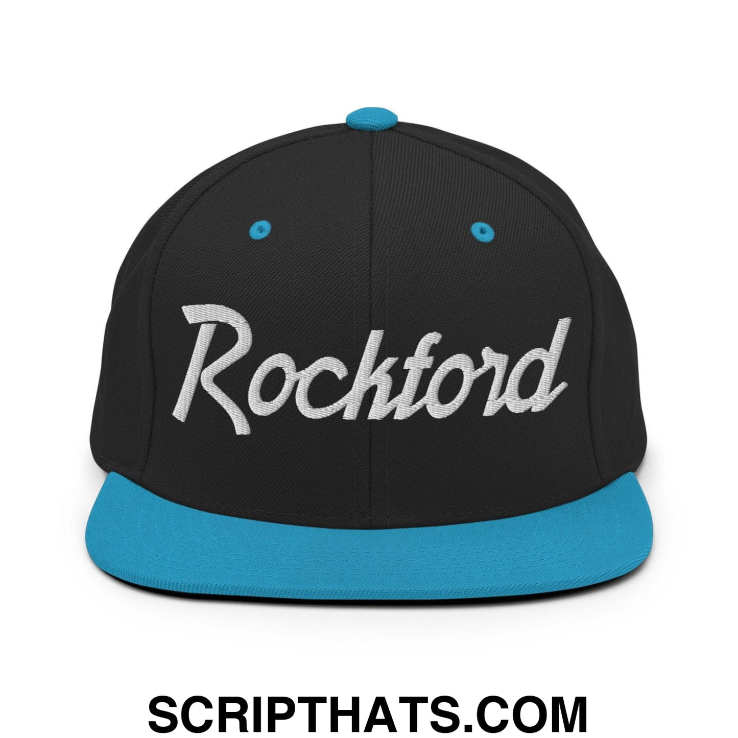Rockford Script Snapback Hat Black Teal