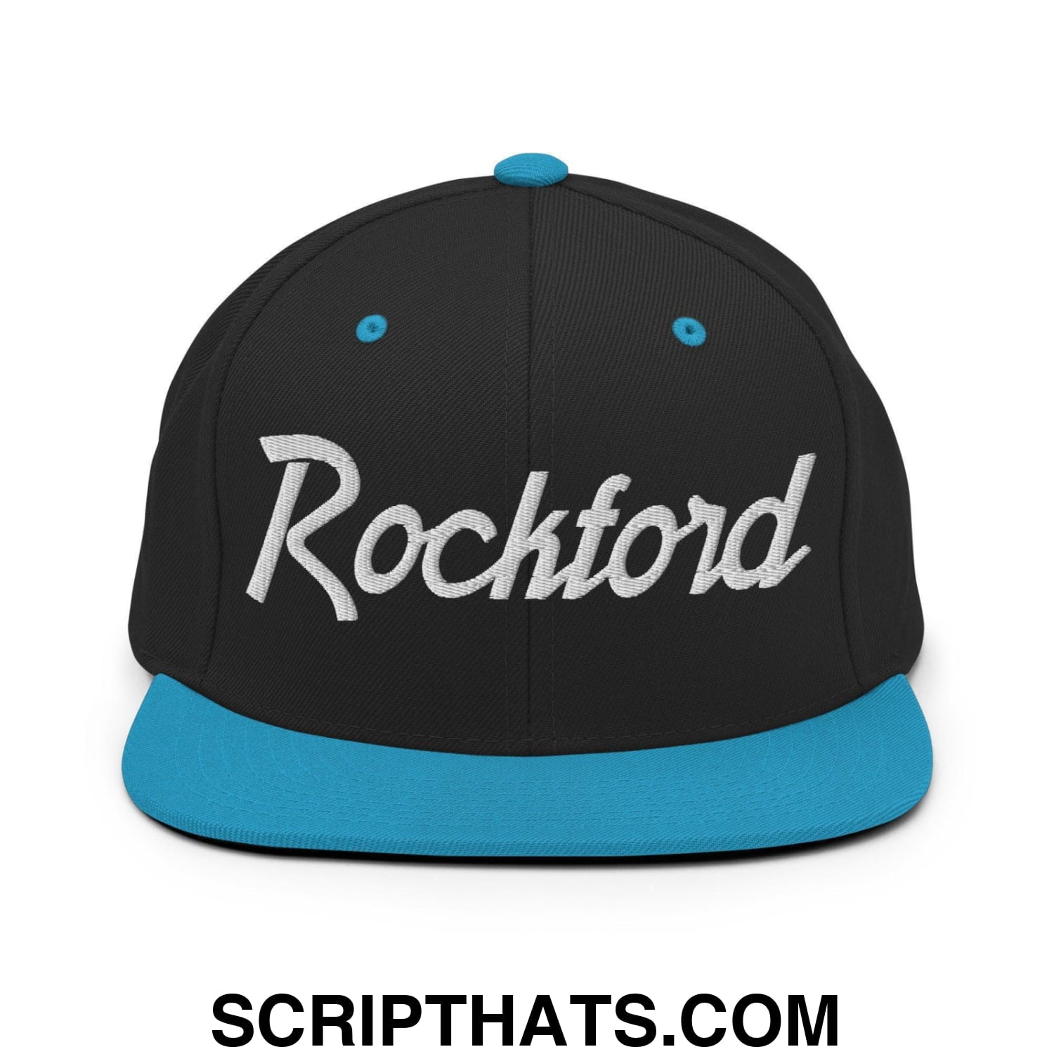Rockford Script Snapback Hat Black Teal
