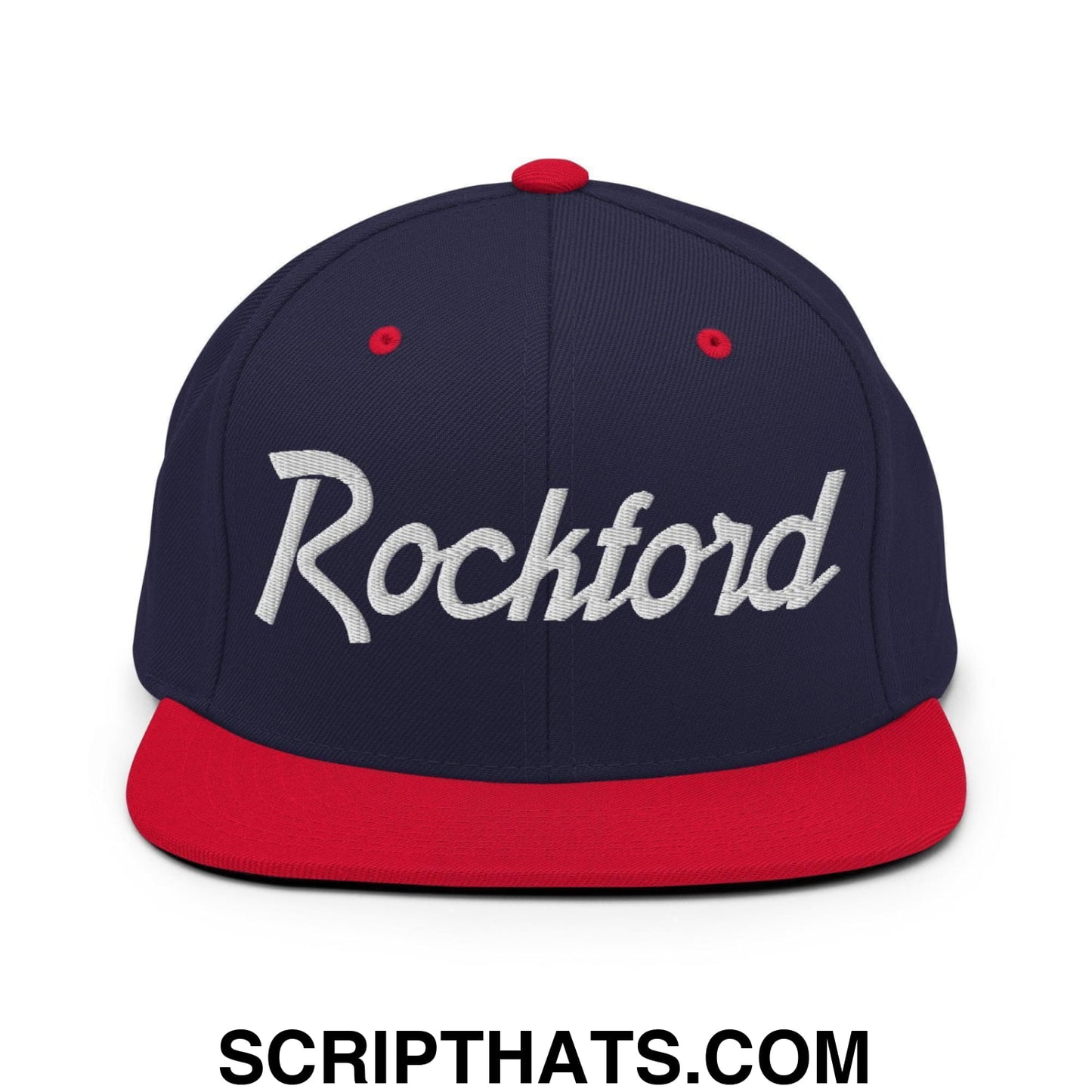 Rockford Script Snapback Hat Navy Red