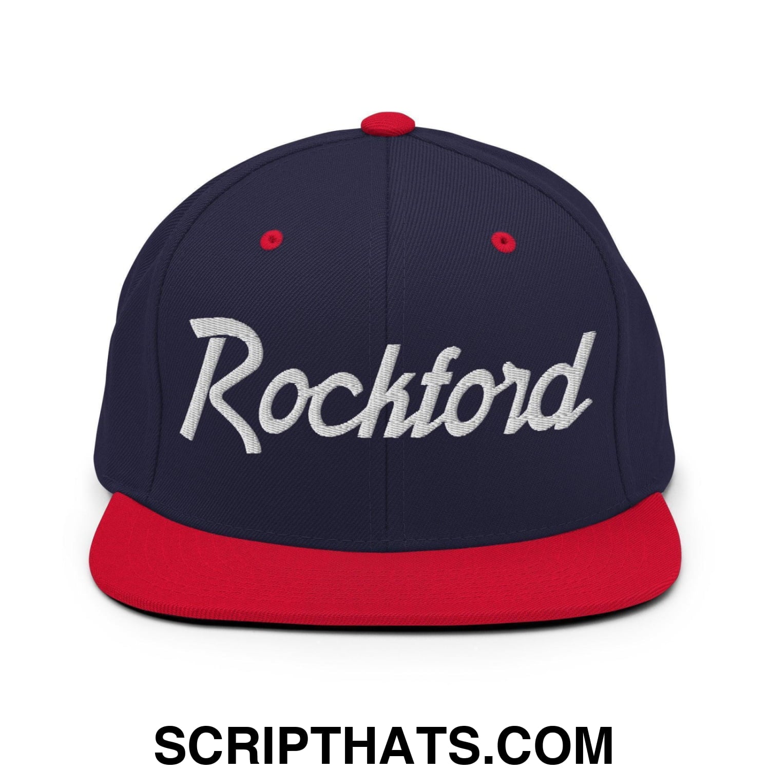Rockford Script Snapback Hat Navy Red