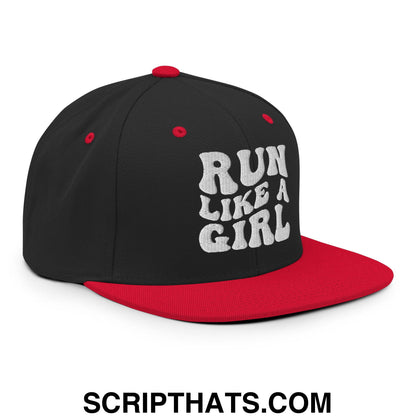 Run Like a Girl Embroidered Flat Bill Brim Snapback Hat Black Red