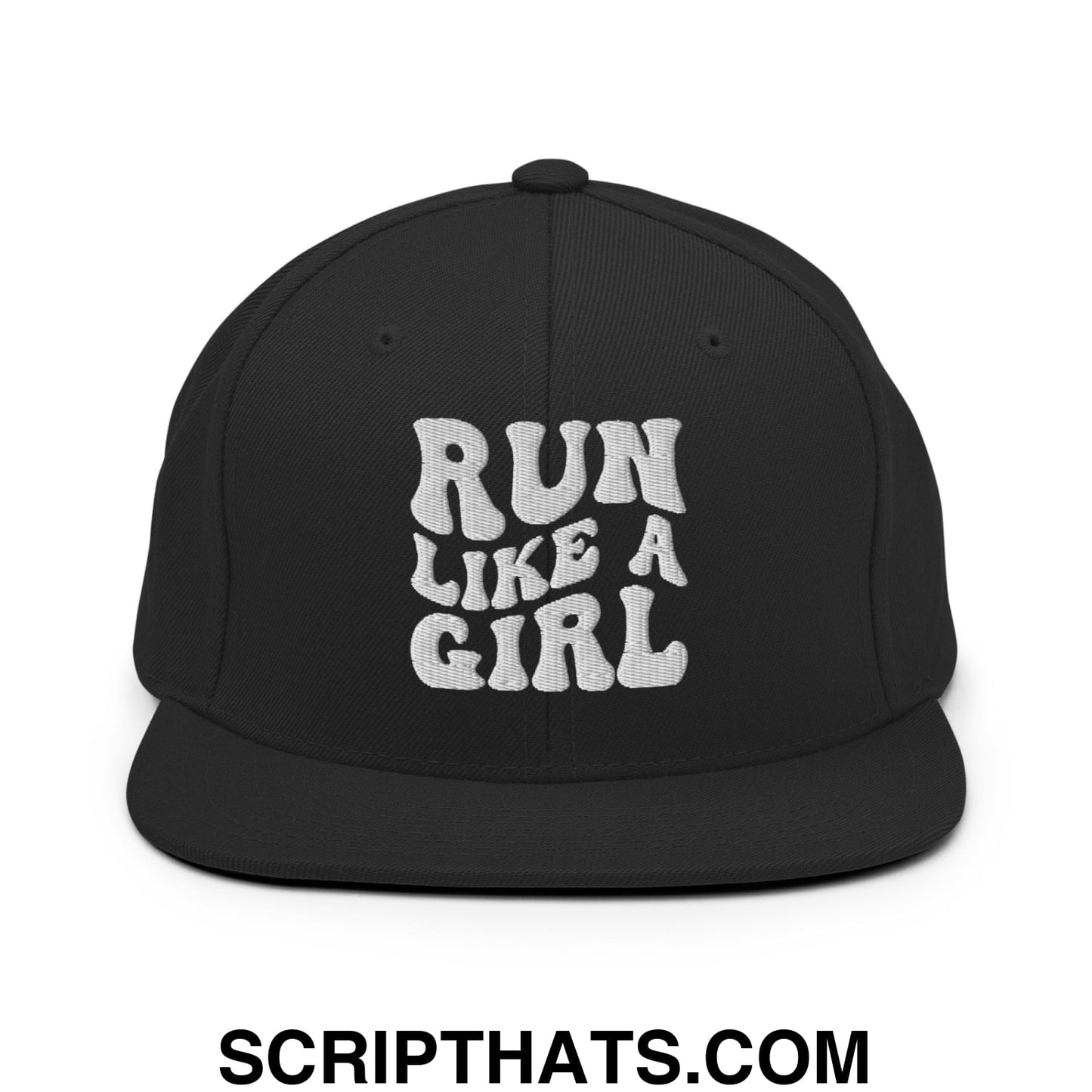 Run Like a Girl Embroidered Flat Bill Brim Snapback Hat Black