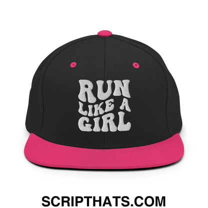 Run Like a Girl Embroidered Flat Bill Brim Snapback Hat Black Neon Pink