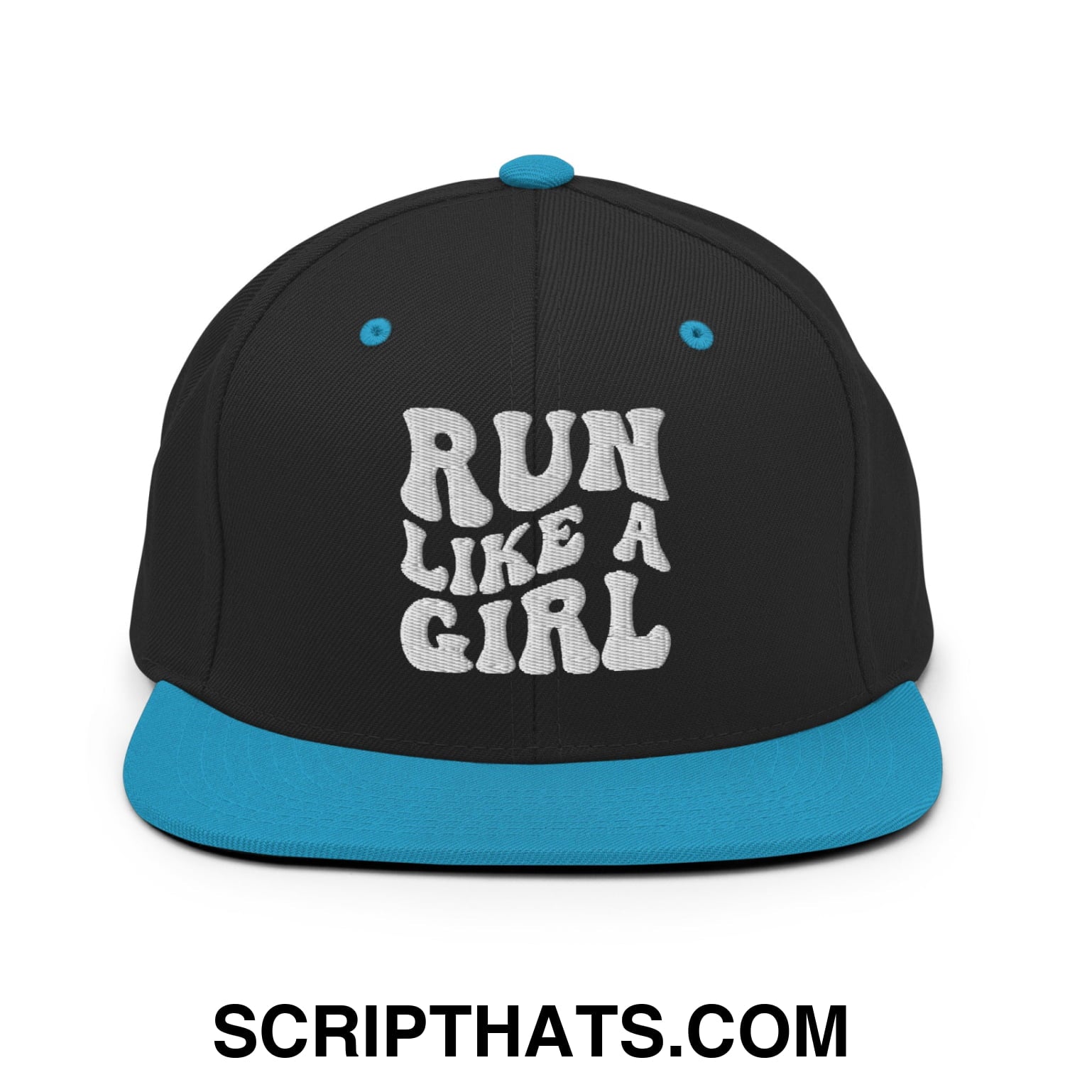 Run Like a Girl Embroidered Flat Bill Brim Snapback Hat Black Teal