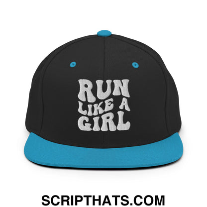 Run Like a Girl Embroidered Flat Bill Brim Snapback Hat Black Teal