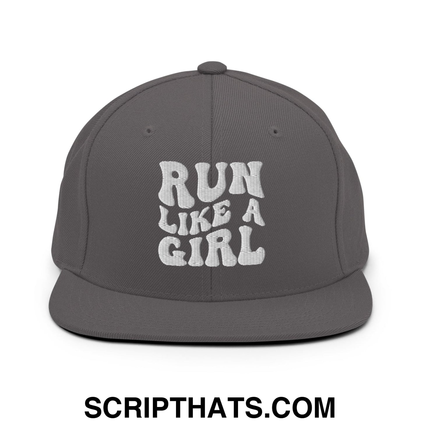 Run Like a Girl Embroidered Flat Bill Brim Snapback Hat Dark Grey
