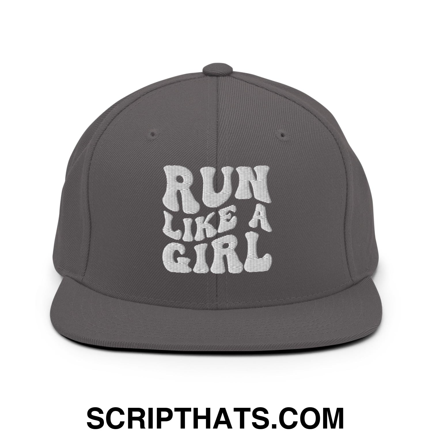 Run Like a Girl Embroidered Flat Bill Brim Snapback Hat Dark Grey