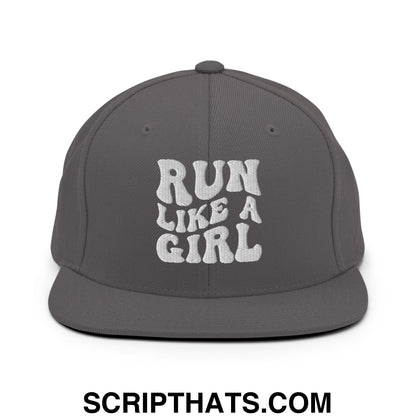 Run Like a Girl Embroidered Flat Bill Brim Snapback Hat Dark Grey