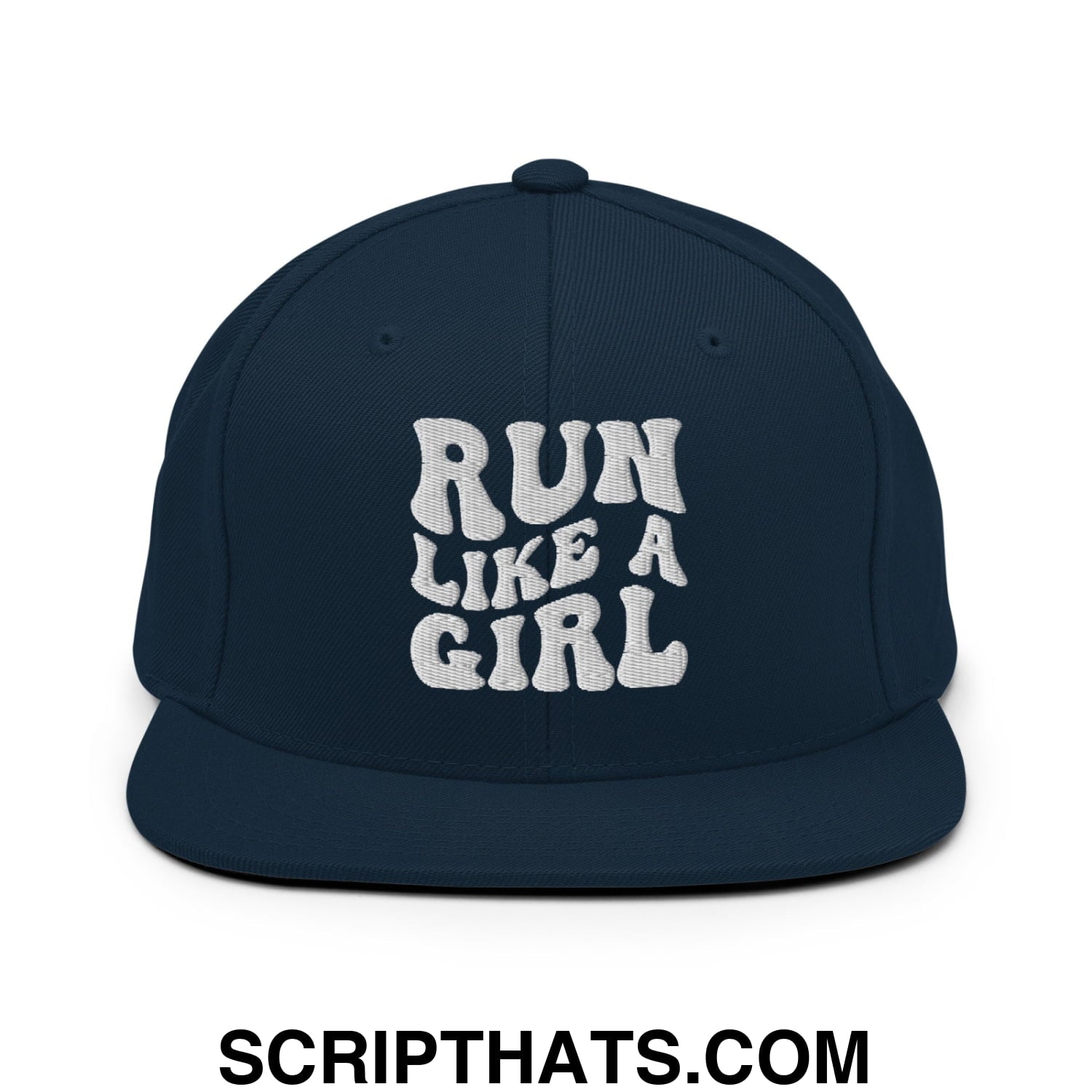 Run Like a Girl Embroidered Flat Bill Brim Snapback Hat Dark Navy