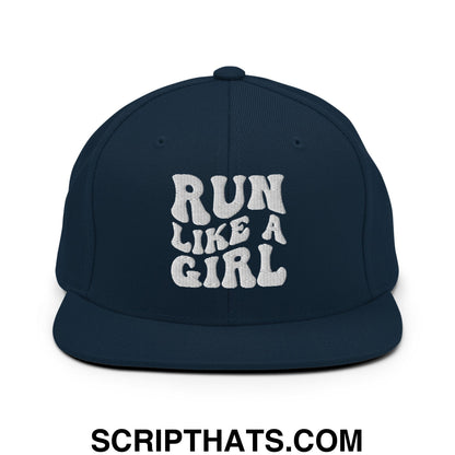 Run Like a Girl Embroidered Flat Bill Brim Snapback Hat Dark Navy