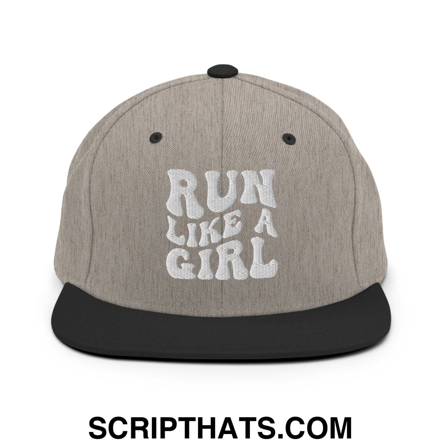 Run Like a Girl Embroidered Flat Bill Brim Snapback Hat Heather Black