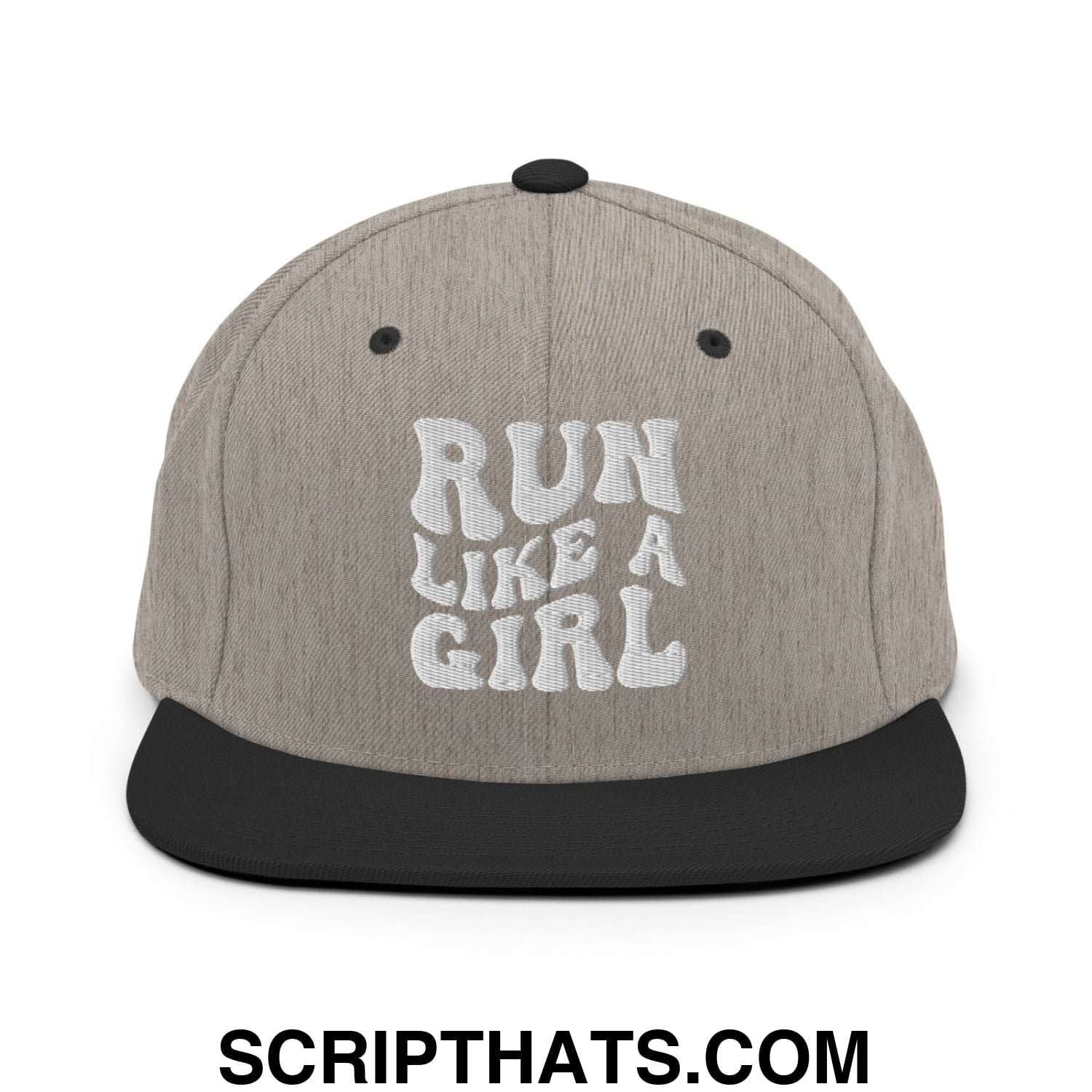 Run Like a Girl Embroidered Flat Bill Brim Snapback Hat Heather Black