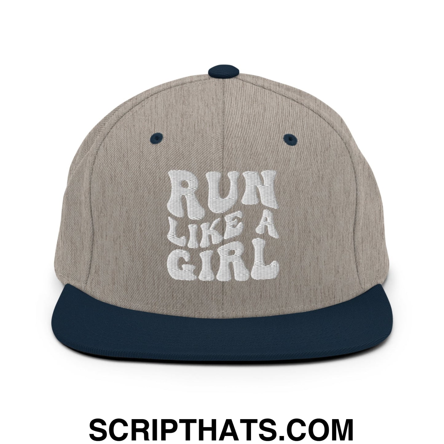 Run Like a Girl Embroidered Flat Bill Brim Snapback Hat Heather Grey Navy