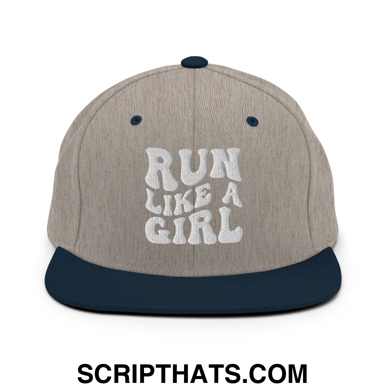 Run Like a Girl Embroidered Flat Bill Brim Snapback Hat Heather Grey Navy