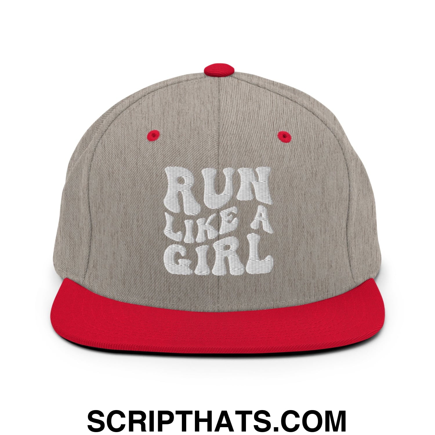 Run Like a Girl Embroidered Flat Bill Brim Snapback Hat Heather Grey Red