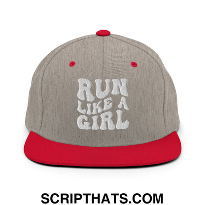 Run Like a Girl Embroidered Flat Bill Brim Snapback Hat Heather Grey Red
