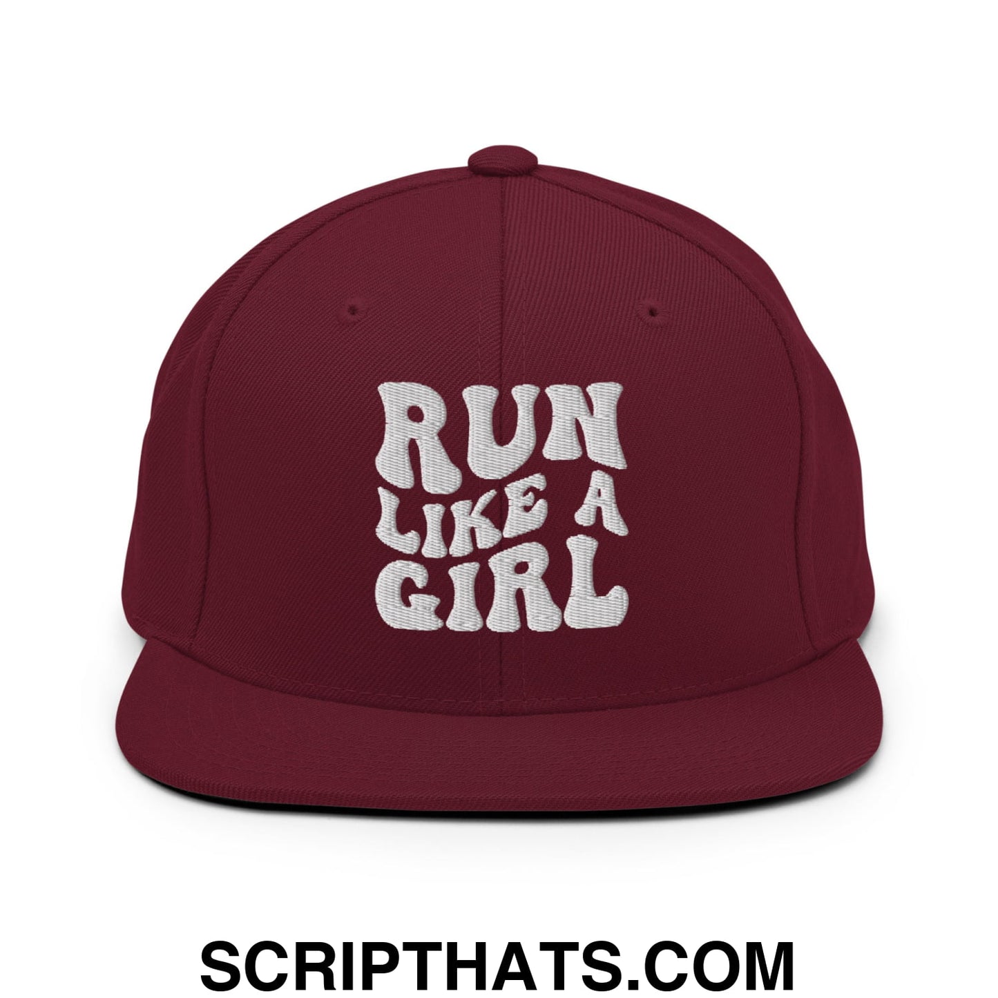 Run Like a Girl Embroidered Flat Bill Brim Snapback Hat Maroon