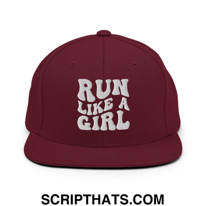 Run Like a Girl Embroidered Flat Bill Brim Snapback Hat Maroon