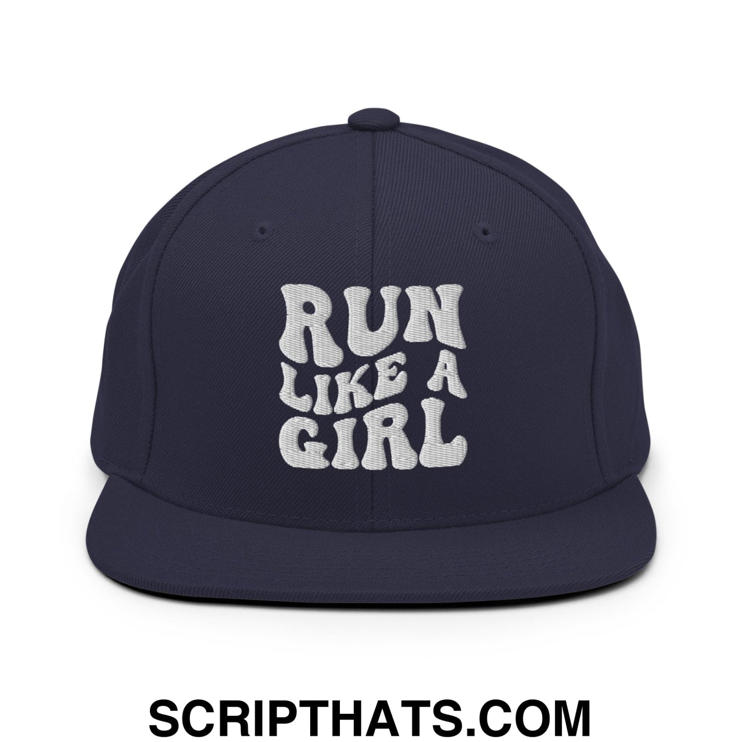 Run Like a Girl Embroidered Flat Bill Brim Snapback Hat Navy