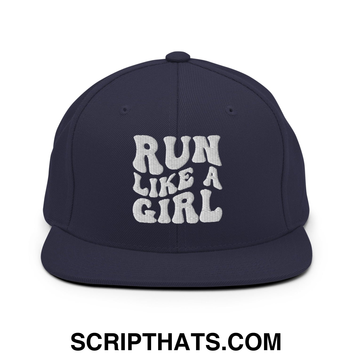 Run Like a Girl Embroidered Flat Bill Brim Snapback Hat Navy