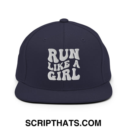 Run Like a Girl Embroidered Flat Bill Brim Snapback Hat Navy