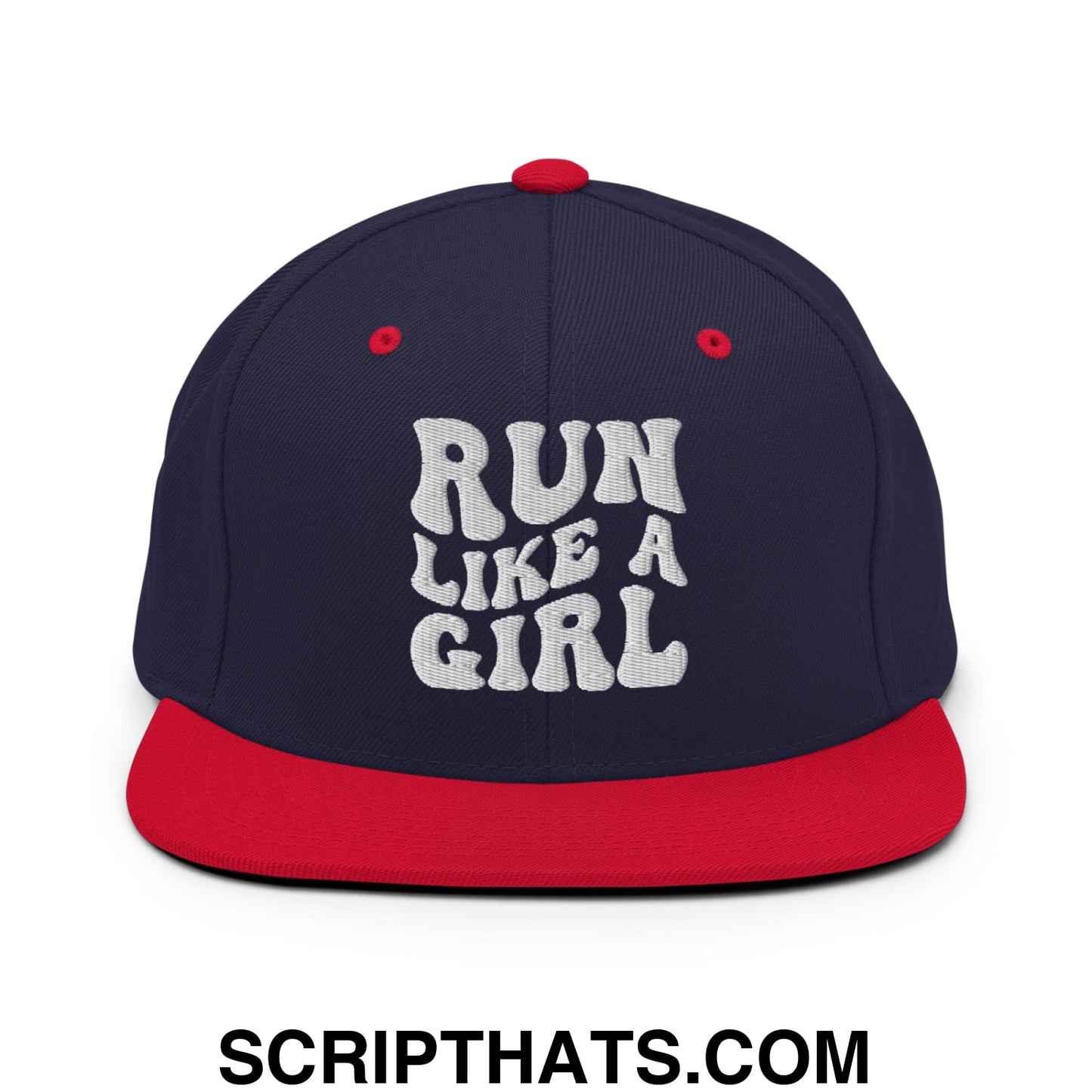 Run Like a Girl Embroidered Flat Bill Brim Snapback Hat Navy Red