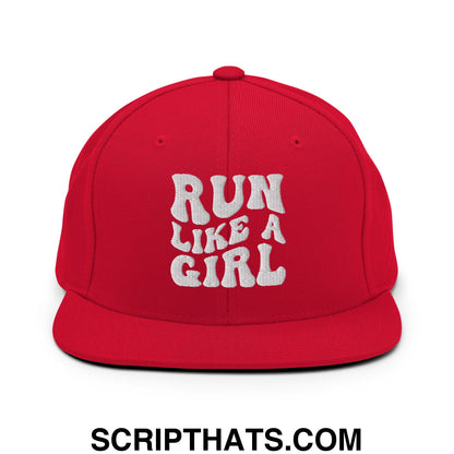 Run Like a Girl Embroidered Flat Bill Brim Snapback Hat Red