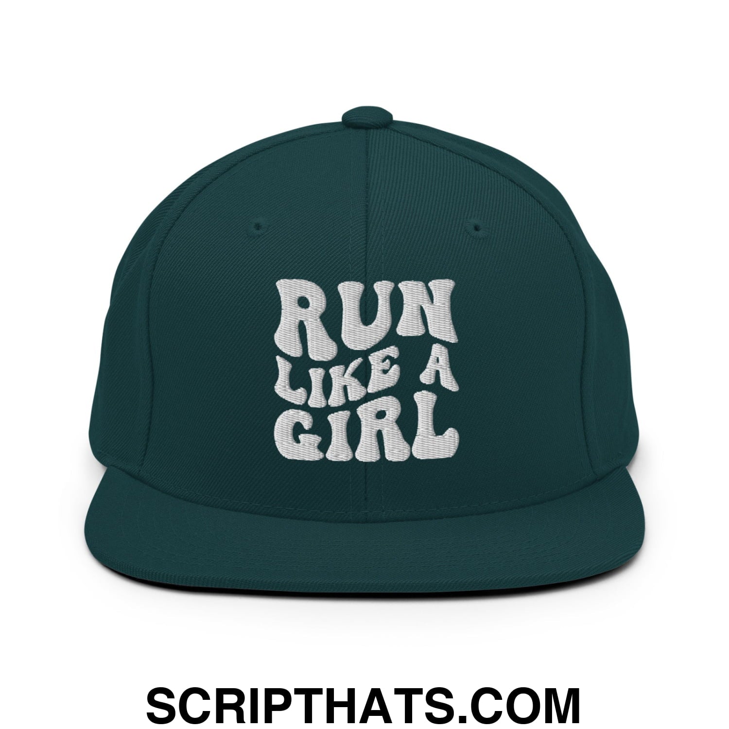 Run Like a Girl Embroidered Flat Bill Brim Snapback Hat Spruce