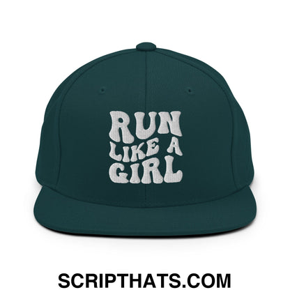 Run Like a Girl Embroidered Flat Bill Brim Snapback Hat Spruce