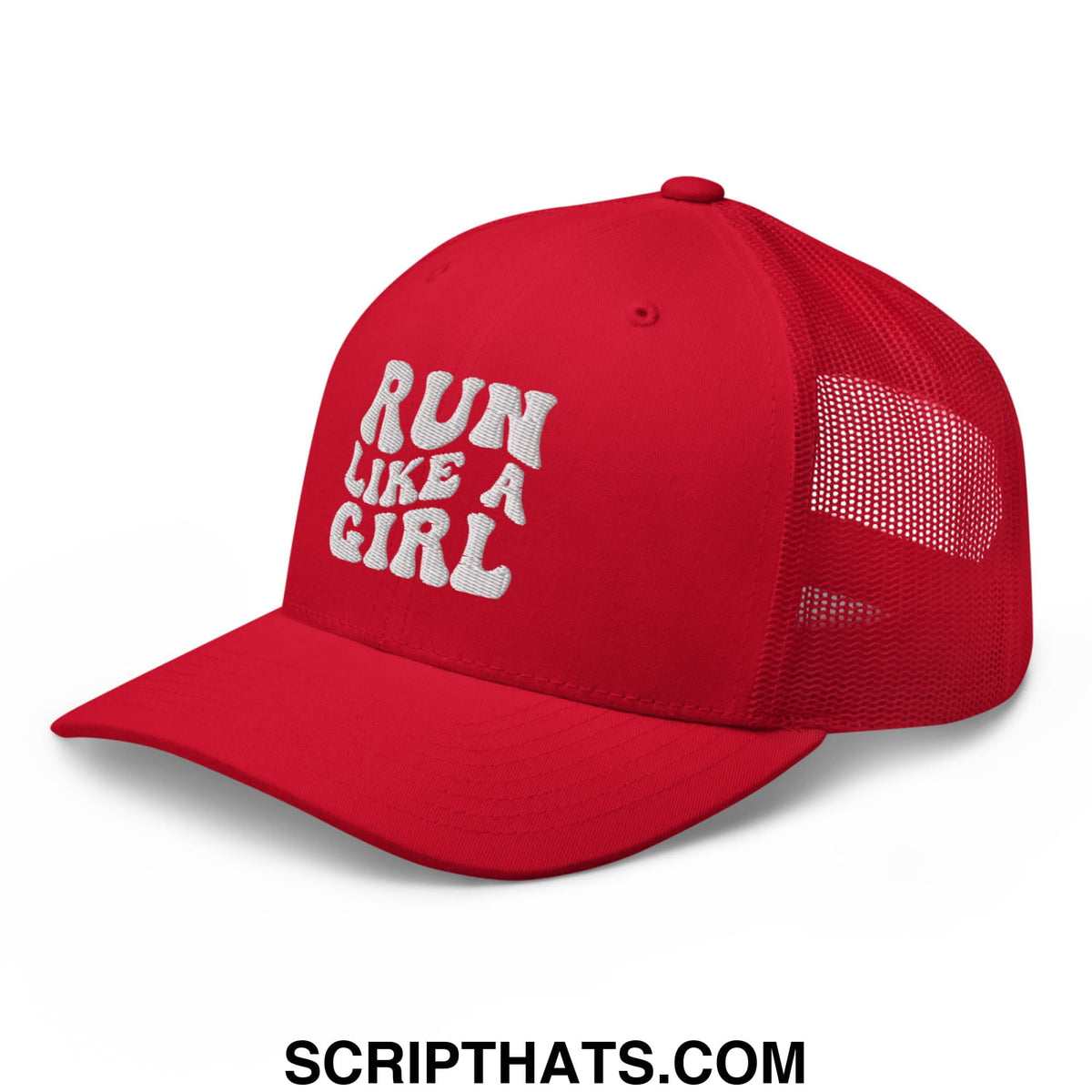 Red mesh trucker hat with white embroidered run like a girl text on the front perfect for casual wear