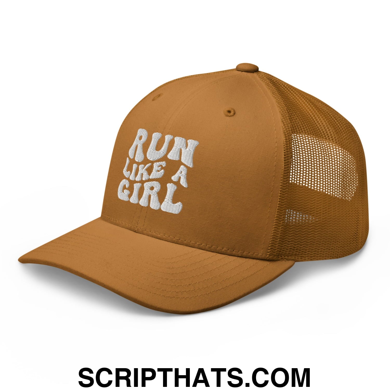 Run Like a Girl Embroidered Mesh Trucker Hat Caramel