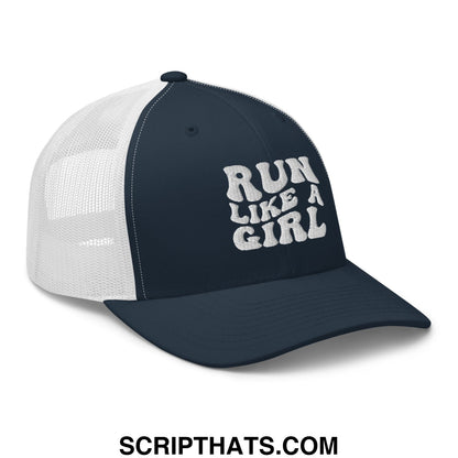 Navy blue and white mesh trucker hat with run like a girl bold textured embroidery on front panel