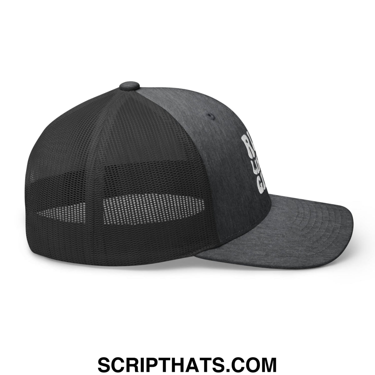 Black trucker style mesh hat with white embroidered run like a girl lettering on the side showing the back view