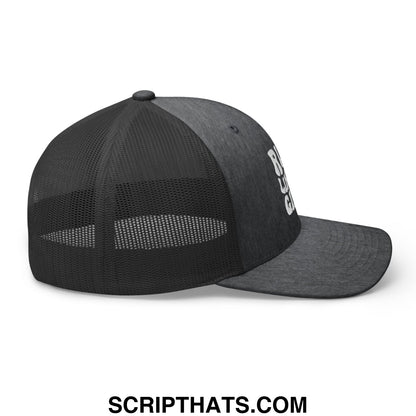 Black trucker style mesh hat with white embroidered run like a girl lettering on the side showing the back view