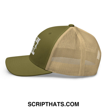 Olive green and tan mesh trucker hat with white embroidered run like a girl lettering on front panel