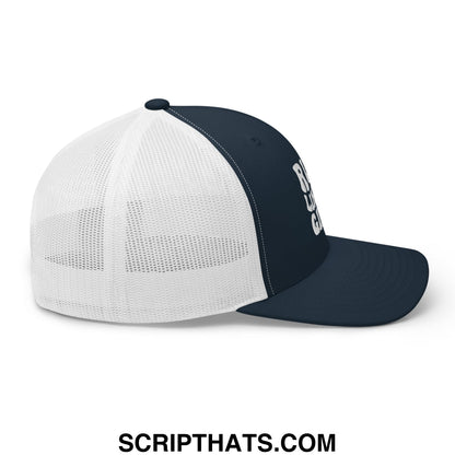 Navy and white mesh trucker hat with run like a girl embroidered text on the side perfect for active wear