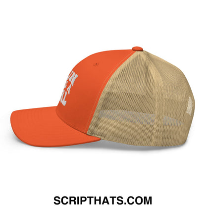 Orange and beige mesh trucker hat with white run like a girl embroidered text on the front panel