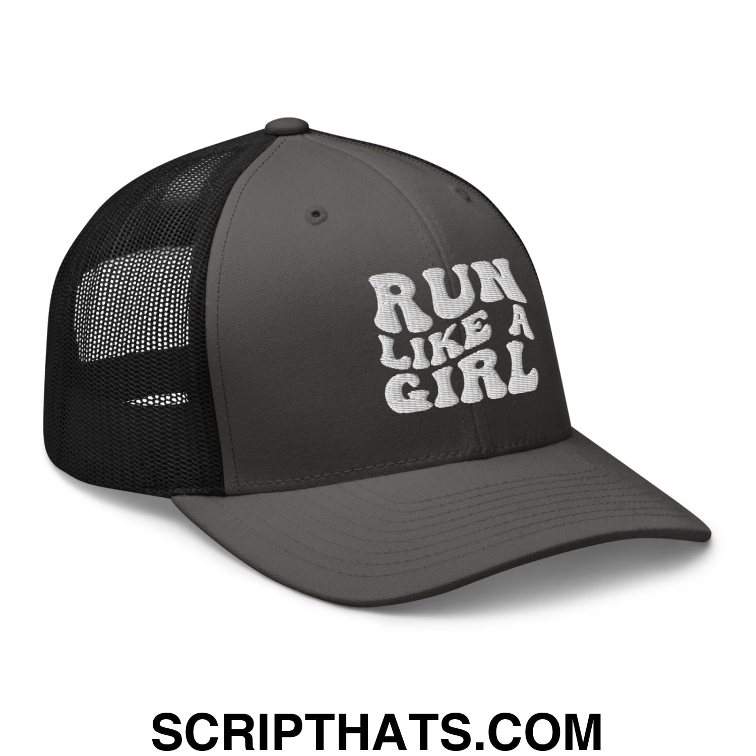 Run Like a Girl Embroidered Mesh Trucker Hat Charcoal Black