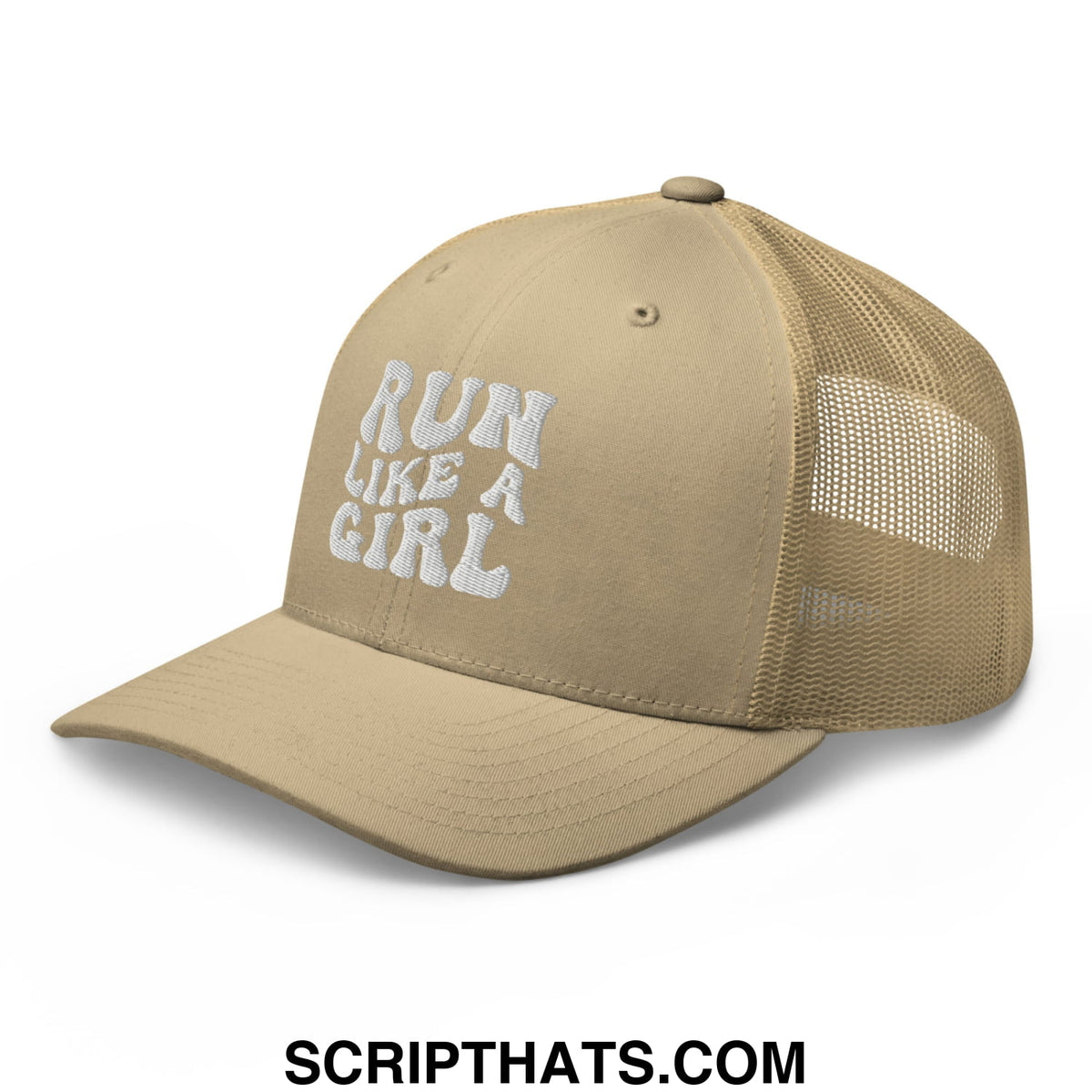 Beige embroidered mesh trucker hat with white run like a girl text on the front perfect for casual wear