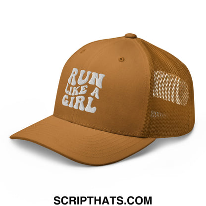 Tan mesh trucker hat with white embroidered run like a girl text on the front panel for casual wear