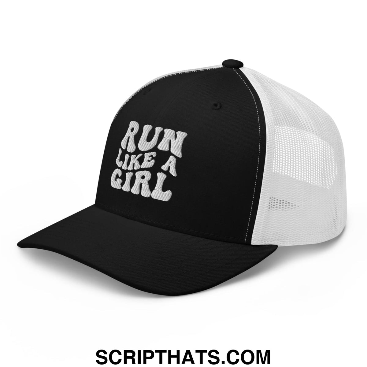 Black and white mesh trucker hat with run like a girl embroidered in bold stylized font on front panel