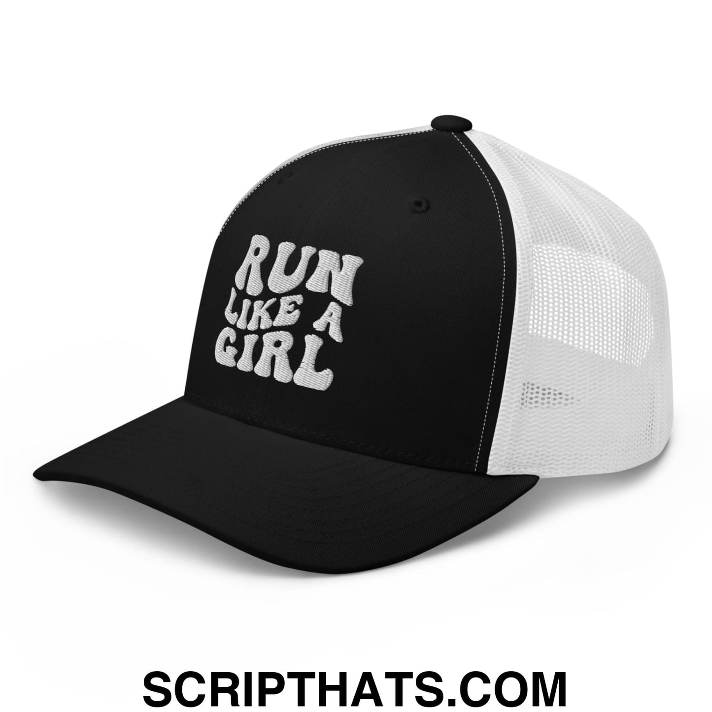 Run Like a Girl Embroidered Mesh Trucker Hat Black White