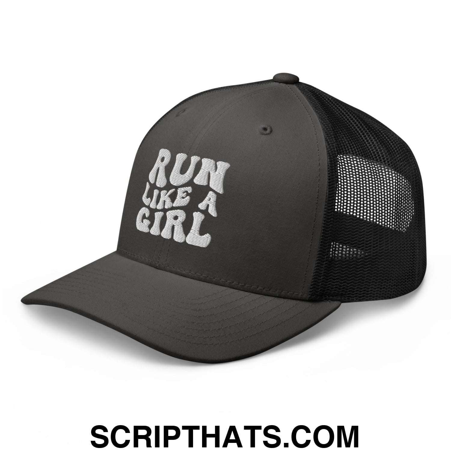 Run Like a Girl Embroidered Mesh Trucker Hat Charcoal Black