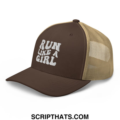 Brown and tan mesh trucker hat with white embroidered run like a girl text for casual wear