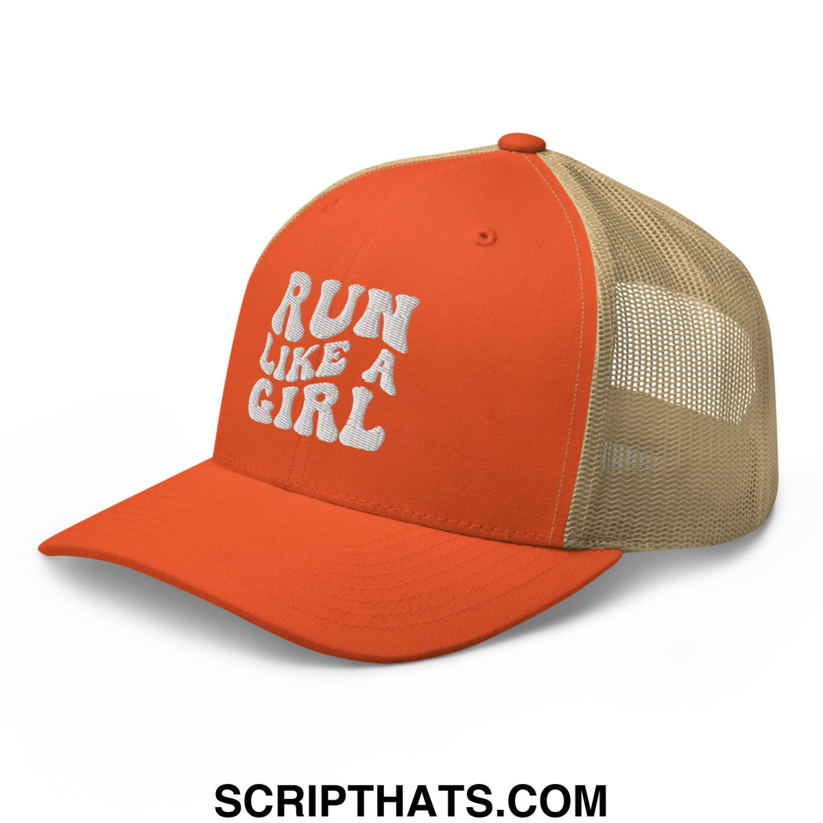 Orange and beige mesh trucker hat with white embroidered run like a girl text featuring a breathable design