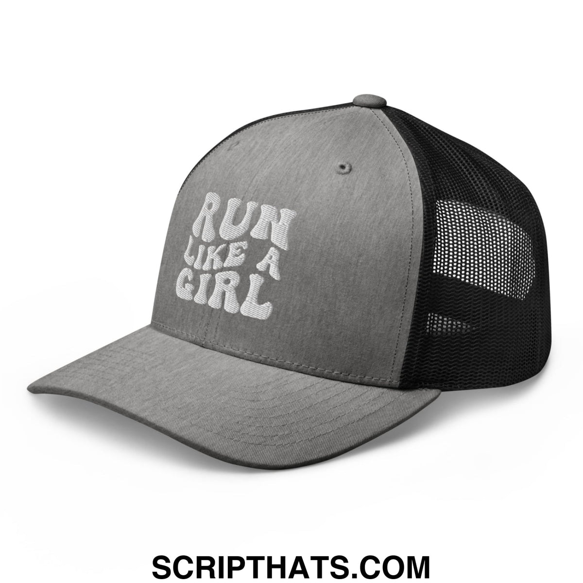 Gray and black mesh trucker hat with run like a girl embroidered in white on the front panel