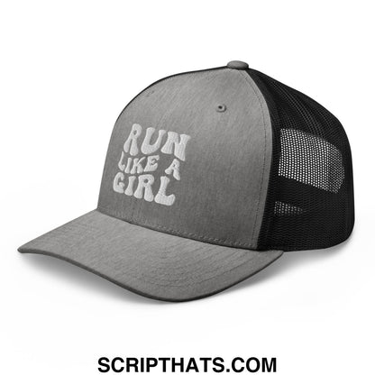 Gray and black mesh trucker hat with run like a girl embroidered in white on the front panel