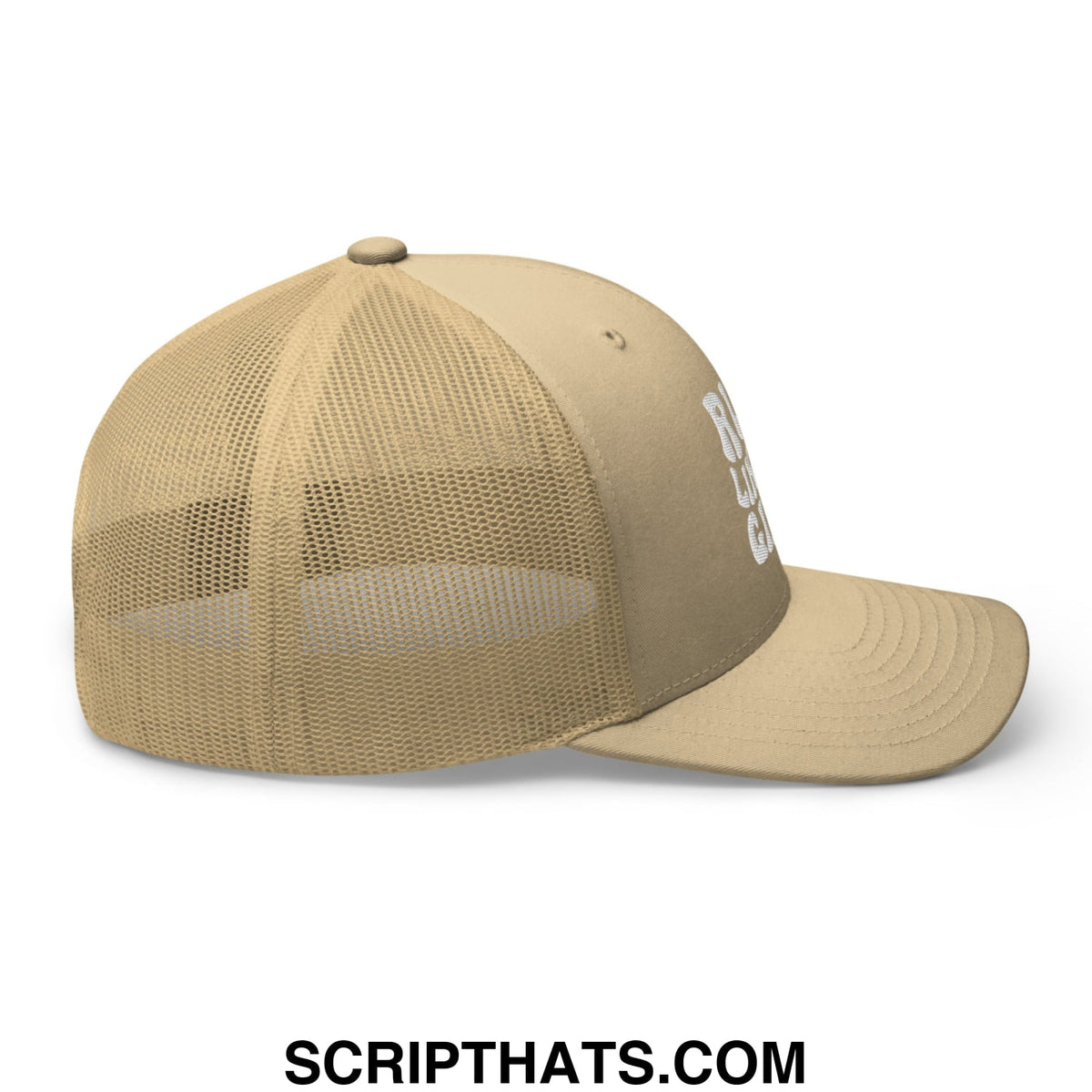 Beige run like a girl mesh trucker hat with a beige mesh back and white embroidered logo on the side