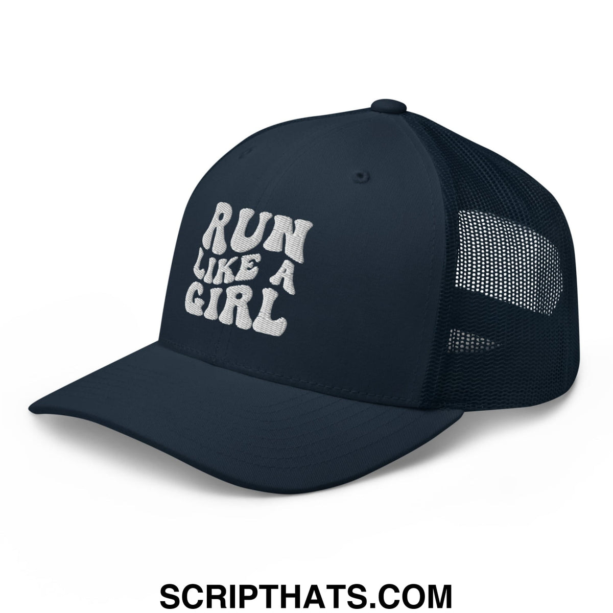 Dark navy mesh trucker hat with white embroidered run like a girl text on the front panel
