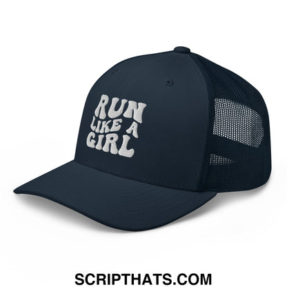Dark navy mesh trucker hat with white embroidered run like a girl text on the front panel